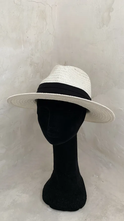 White Straw Fedora Hat With Black Ribbon