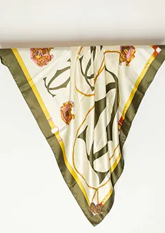 Cream and Green Printed Silk Scarf 