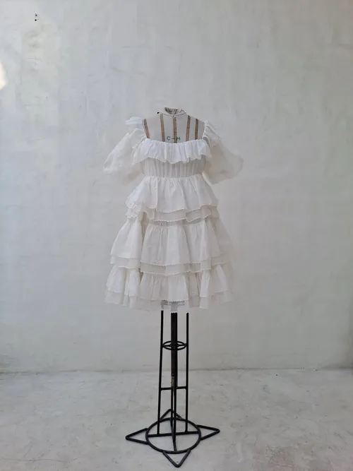 Innika Choo White Short Dress with Ruffles and Bow Back