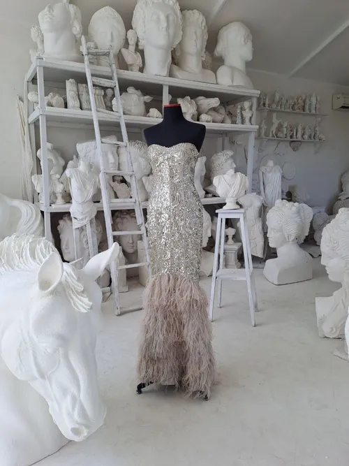 Sequin Maxi Dress with Feathers