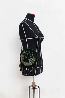 Dark Green Embroidered/ Beaded? Bag with Tassels