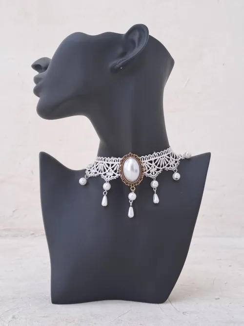White Victorian Lace Choker with Pearl