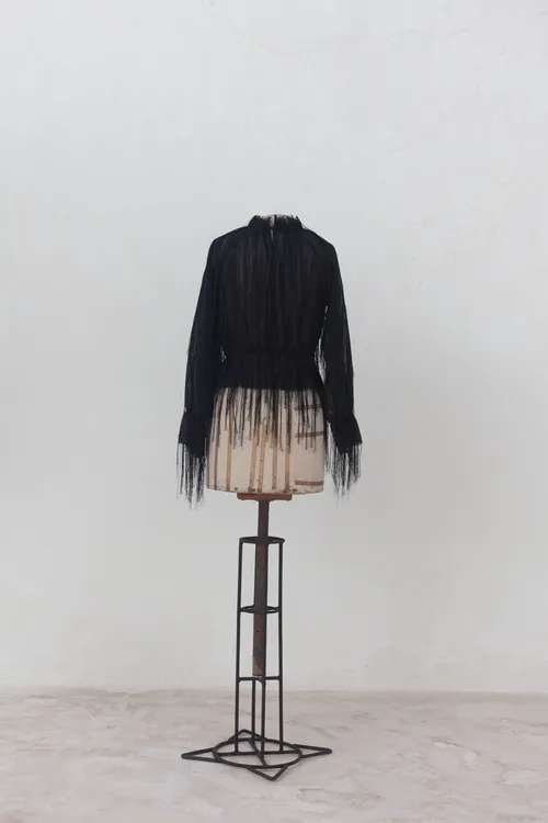  Black Top with Shredded Fabric Details