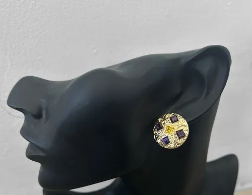 Vintage Round Purple and Gold Stone Earrings