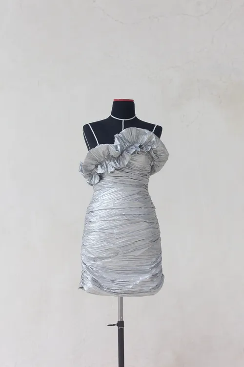 Silver Strapless Ruched Mini Dress 