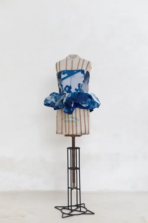 Blue and White Print Strapless Top with Ruffle