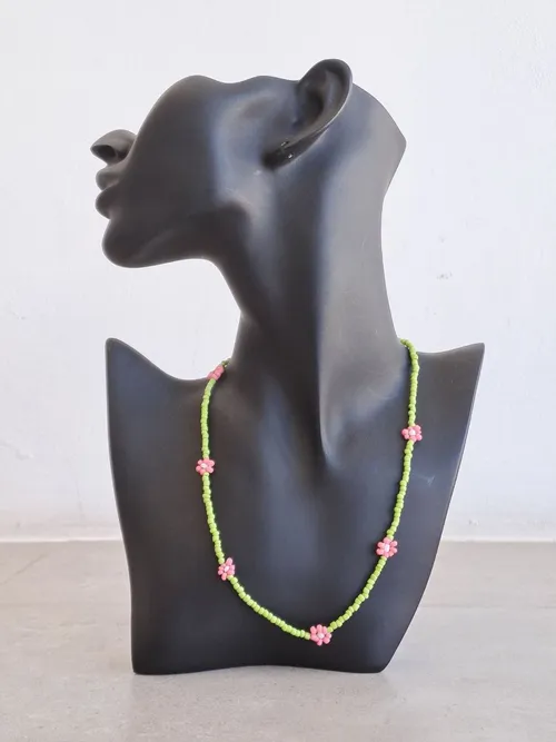 Green Beads Necklace With Pink Flowers