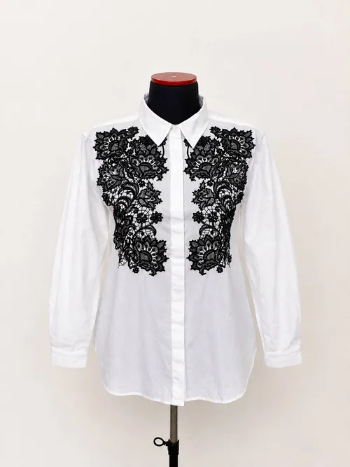 White Shirt with Black Lace Embroidery
