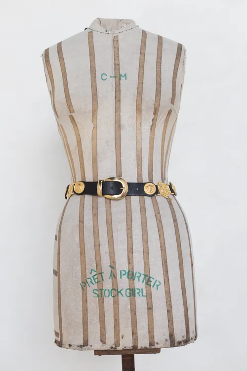 Black Leather Belt With Gold Buckle and Inserts