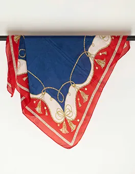 Red, Navy, Beige and Gold Printed Scarf