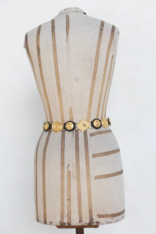 Black Leather Belt With Gold Buckle and Inserts