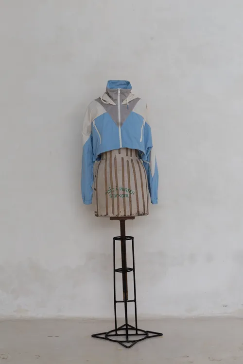 Grey, White and Blue Cropped Windbreaker Jacket