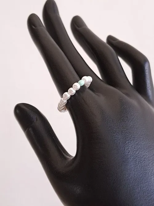 White and Teal Beads Ring