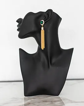 Vintage Style Gold Tassel Earrings with Green Gemstone