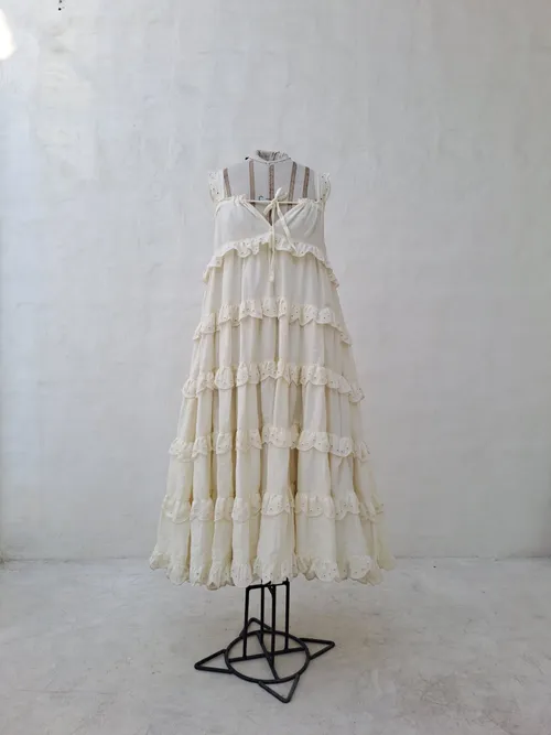 Innika Choo Pale Yellow Long Dress with Ruffles and Bow