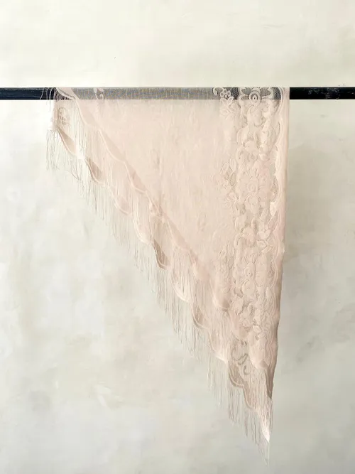 Pale Pink Bohemian Floral Lace Shawl with Fringe