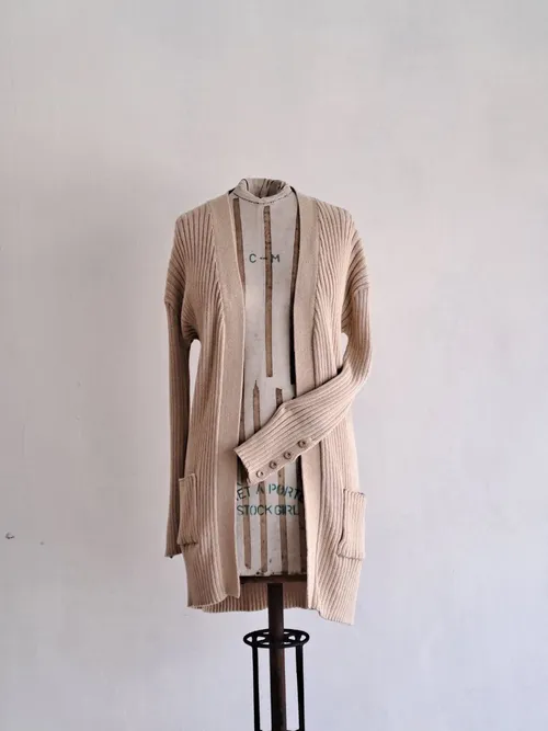 Beige Knitted Cardigan with Buttoned Sleeves