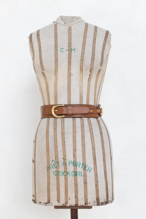  Light Brown Leather Belt with Gold Buckle and Studs