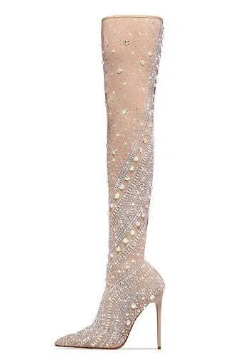 Crystal Rhinestone Nude Thigh High Boots