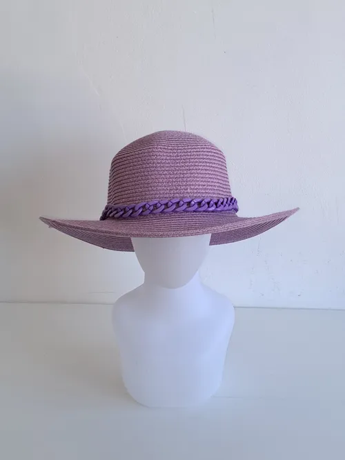 Purple Straw Hat with Chain