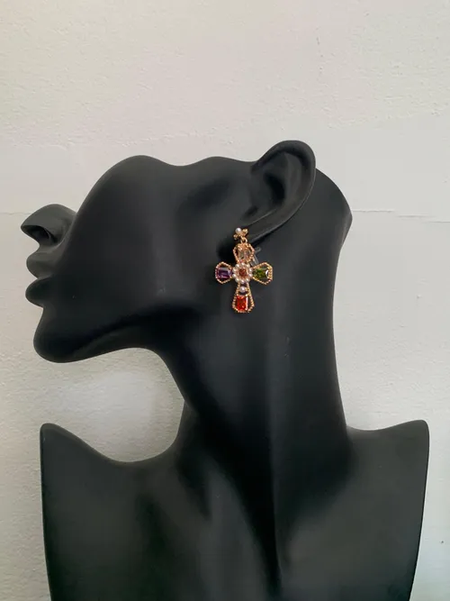Rainbow Gemstone Cross Earrings