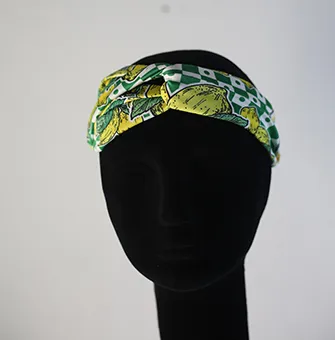 Green and White Head Band with Lemon Prints