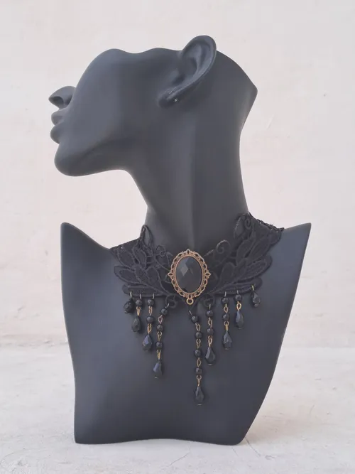 Black Victorian Lace Choker with Black Stone Pendant
