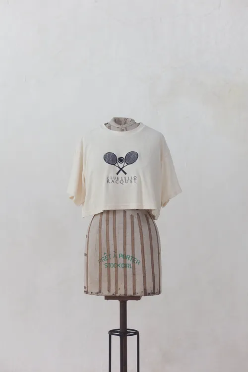 Cream Cropped T-Shirt with Tennis Racquets Print