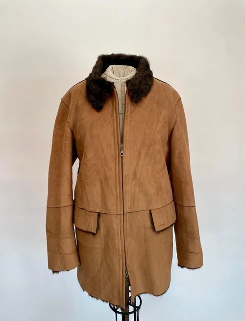Vintage Men's Tan Suede Sheepskin Fleece Coat