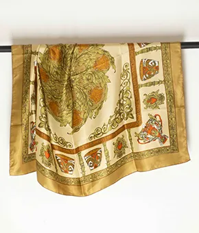 Gold, Red and Beige Printed Silk Scarf