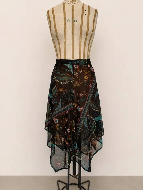Black Asymmetrical Skirt with Multicolor Floral Print