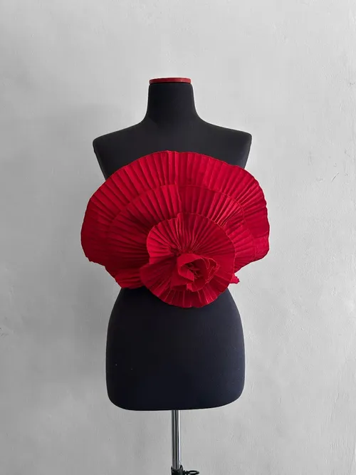 Red Floral Pleated Bandeau Top