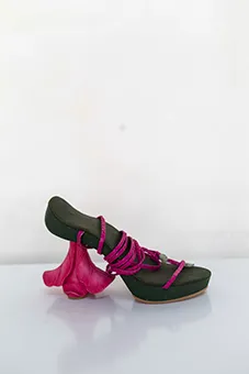 Fuchsia Sandals with Carved Flower Design on Heel