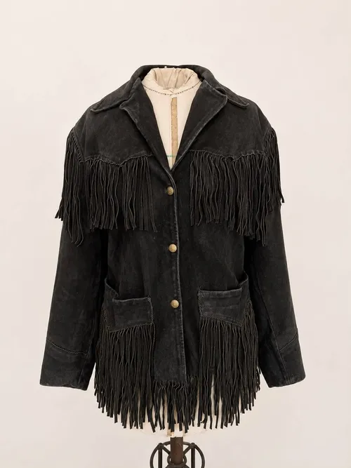 Black Faux Suede Fringe Jacket with Gold Buttons