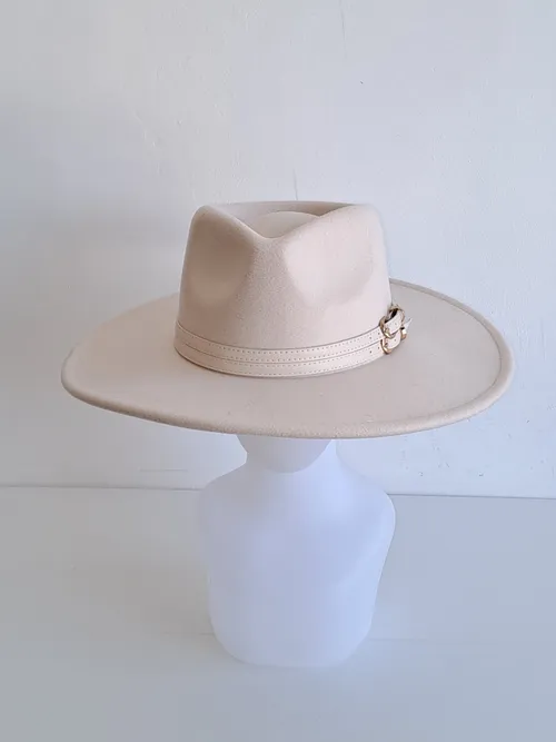 Cream Fedora Hat with Double Leather Belt