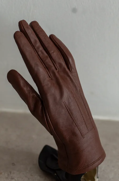 Brown Leather Hand Gloves with Stitching