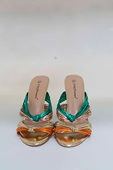 Metallic Heels with Multi Colored Knotted Straps