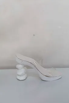 White Sculpted Heels with Clear Straps 