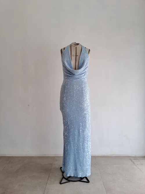 Blue Backless Sequin Dress