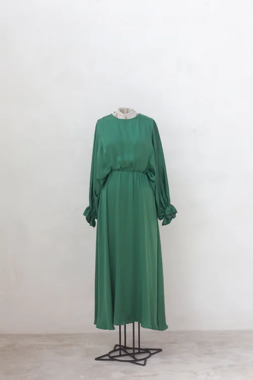 Emerald Green Dress with Ruched Sleeve