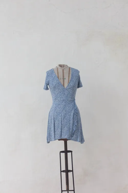 Pale Blue Wrap Dress with Flower Pattern
