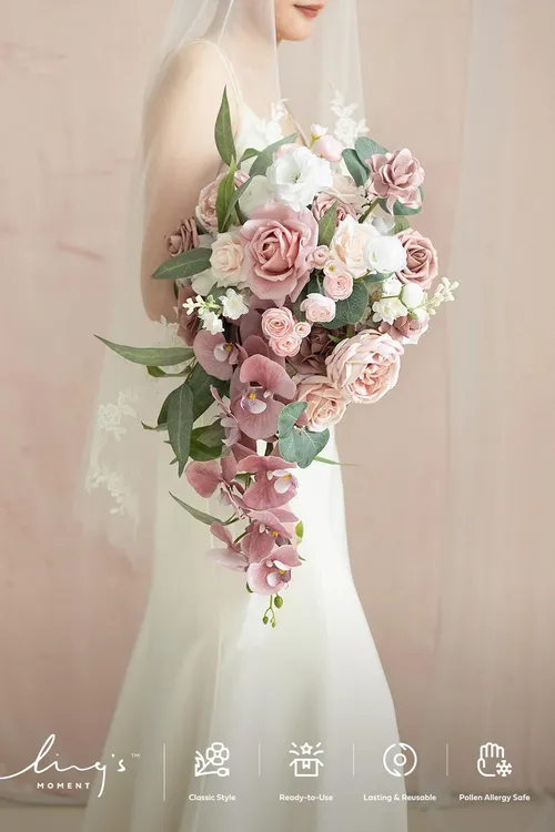 Ling's Moment Dusty Rose Cascading Bridal Bouquet