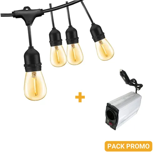 Kit guirlande d'ampoules led 15M + Convertisseur 12V-220V