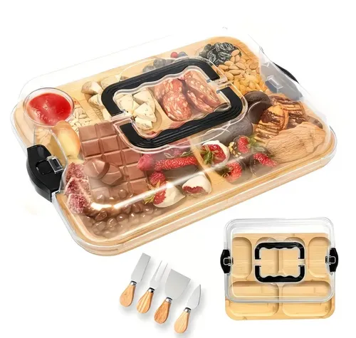 Bamboo Storage Tray with Lid, Square Charcuterie Board with Small Plate