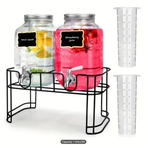 2 - Glass 1 Gallon Drink Dispencers with Metal Stand 