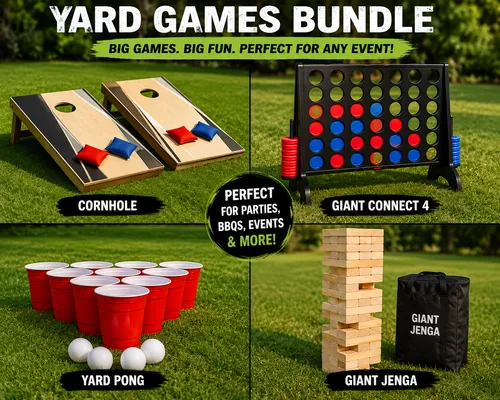 Yard Game Bundle (Yard Pong, Giant Connect 4, Cornhole, and Giant Jenga)