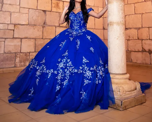 Quinceañera Royal Blue Dress with Flowers
