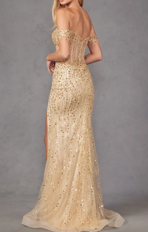 Fitted Sequin Off Shoulder Corset Slit Gown 