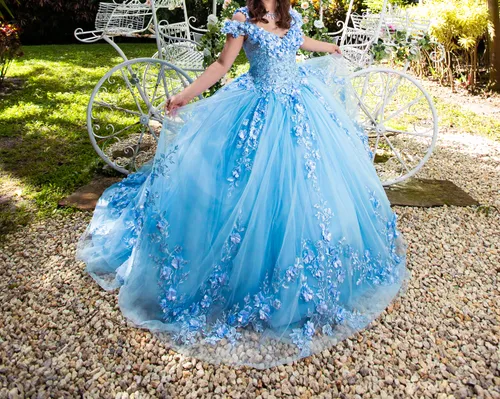 Quinceañera Blue Dress with Flowers