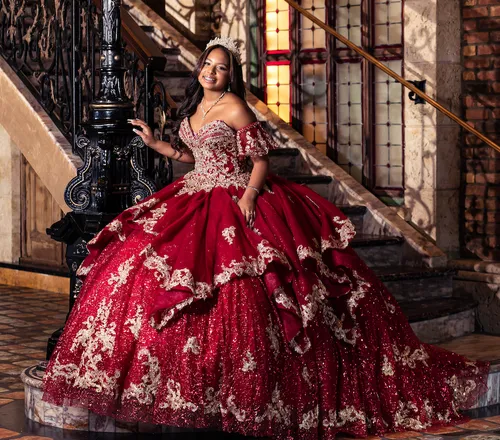 Quinceañera Wine and Gold Dress